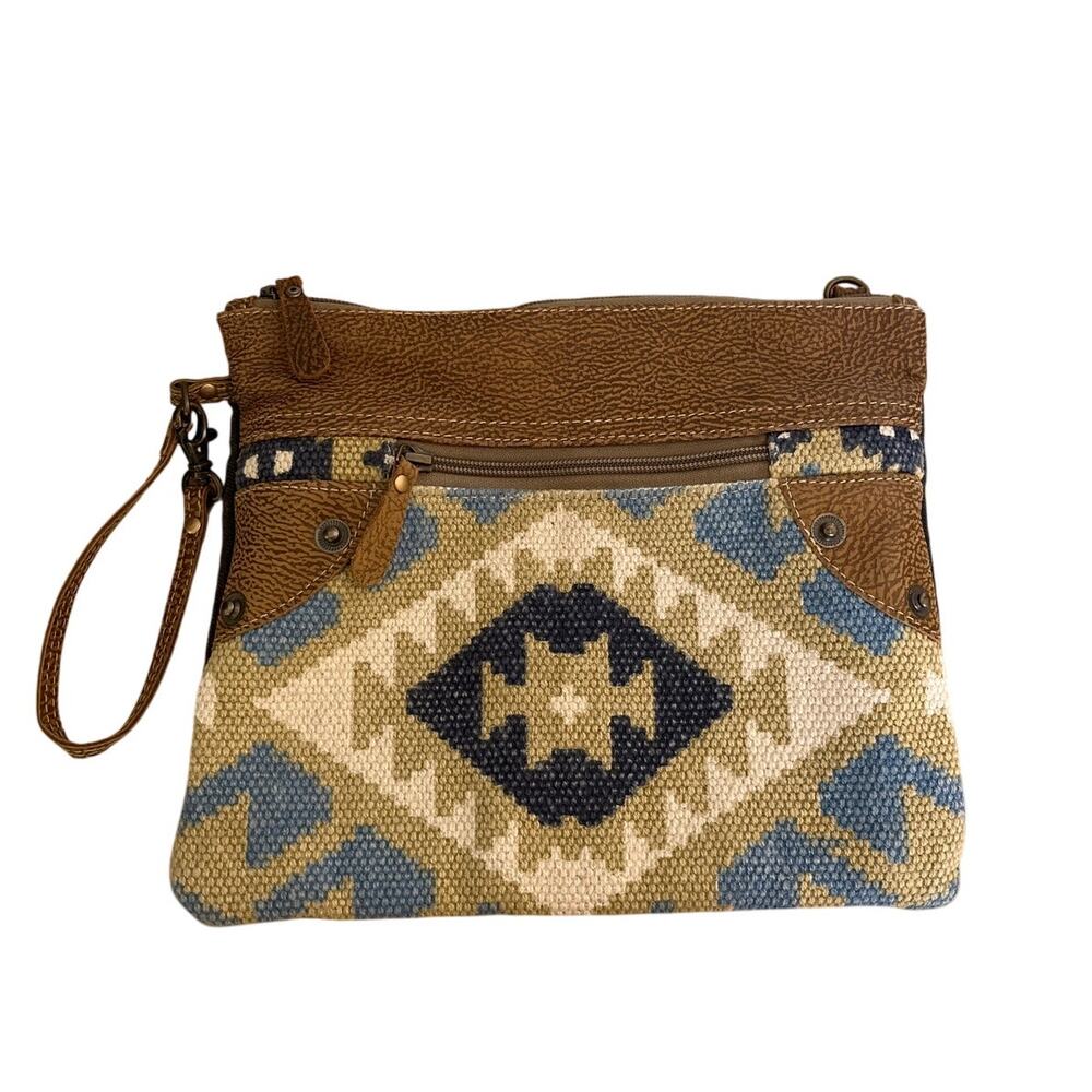Myra Bag Leather Woven Cotton Canvas Aztec Wristlet Bag Boho Western Festival